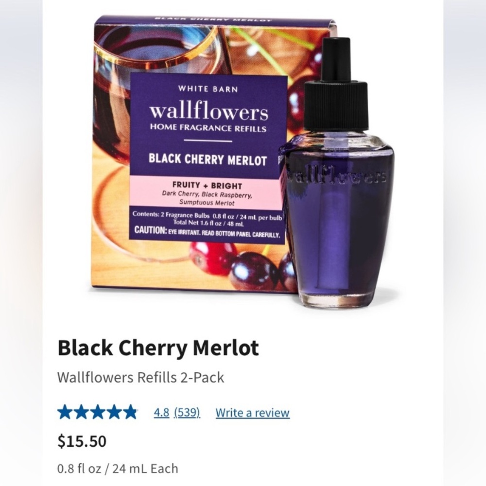 "BLACK CHERRY MERLOT" BBW/WB, 2-Pack Wallflowers Home Fragrance Refills, NEW BOX